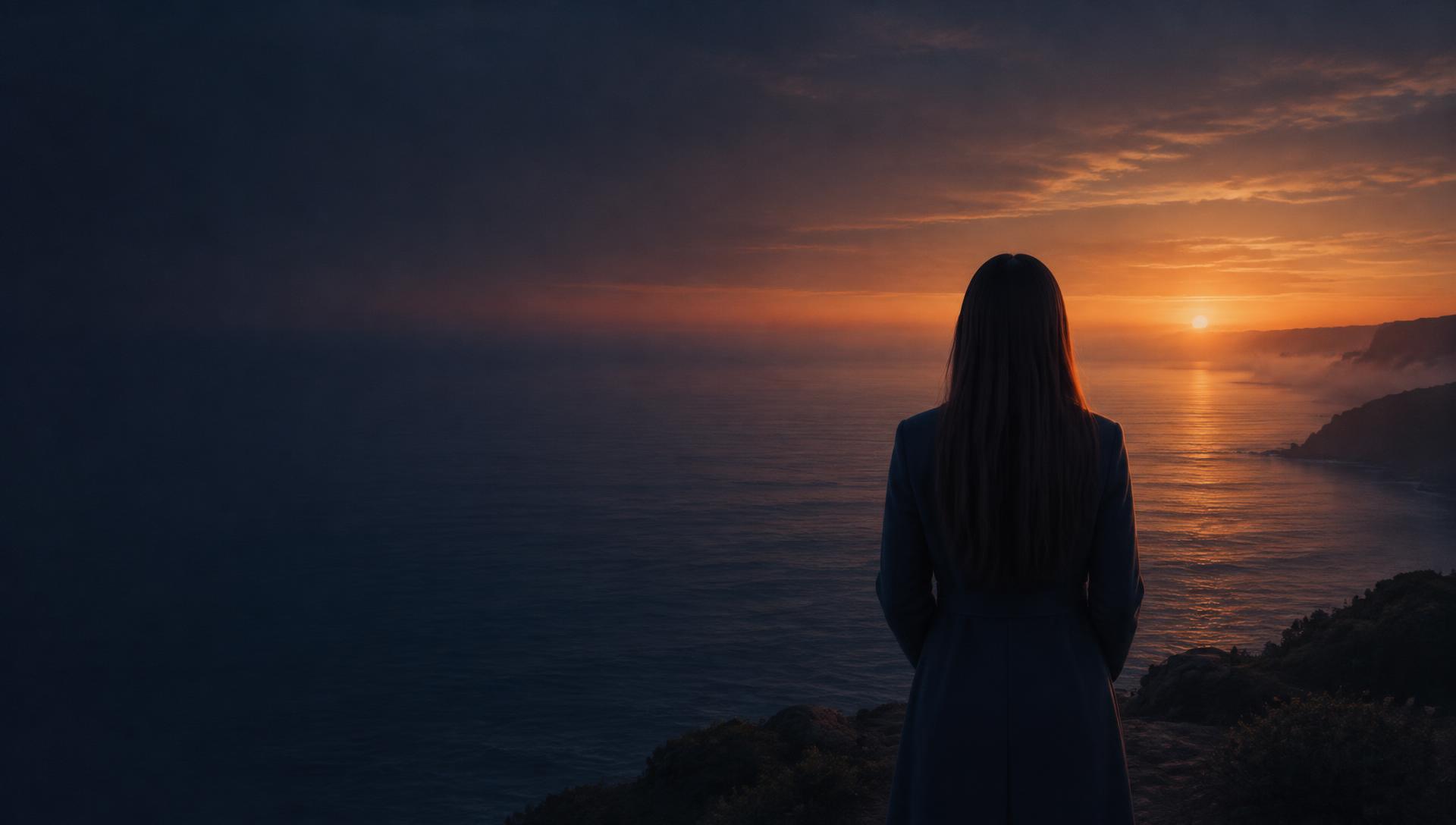 Una donna si prende un momento per sé, davanti al mare illuminato dall’alba.